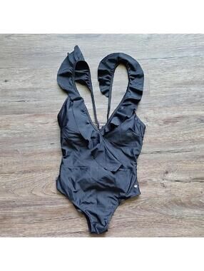 Nwt Joan Vass Black Ruffle Fitted Waist One Piece Swim Suit Size Large